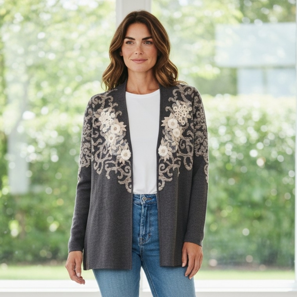 Charter Club Dark Gray Floral Cardigan